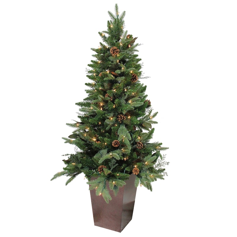 5' Pre-lit Green Potted Mixed Winter Pine Medium Artificial Christmas Tree - Clear Lights