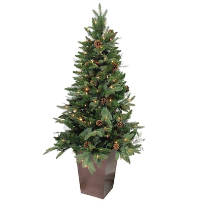 5' Pre-lit Green Potted Mixed Winter Pine Medium Artificial Christmas Tree - Clear Lights