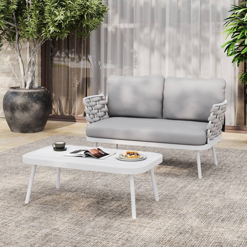 Christopher Knight Home - Cadence Rope and Steel Patio Loveseat and Table Set - White Steel+White Rope+Light Grey Cushion