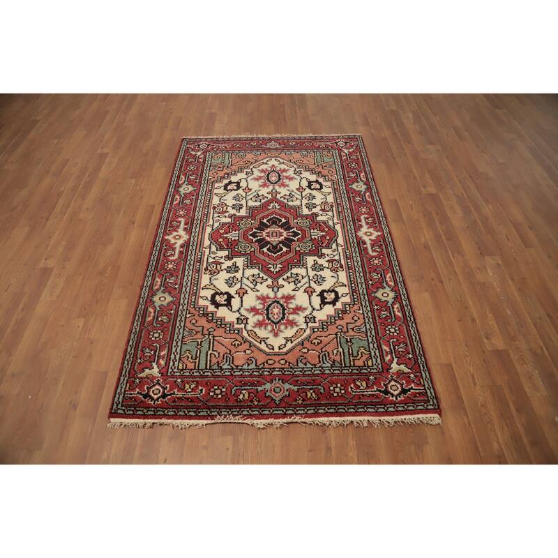 Hand Knotted Oriental 100% Wool Carpet Traditional Medallion Beige & Ivories Heriz (serapi) Area Rug - 6' 1'' X 3' 11''