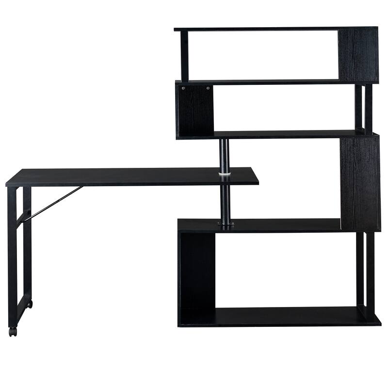 Modern Desk with 5 Adjustable Built-In Shelves and Rotating Layout for Compact Workspaces and Home Offices or Bedrooms
