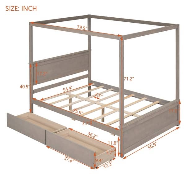dimension image slide 0 of 3, Full Size Wood Canopy Bed with 2 Drawers - Modern Design for Stylish Bedrooms, Brushed White/Brown/Grey