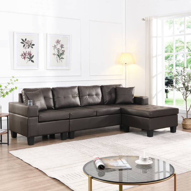 Brown 96.06'' Modern L-Shaped 4 Seater Sectional Sofa with Chaise Lounge, Cup Holders, and Throw Pillows - Dark Brown