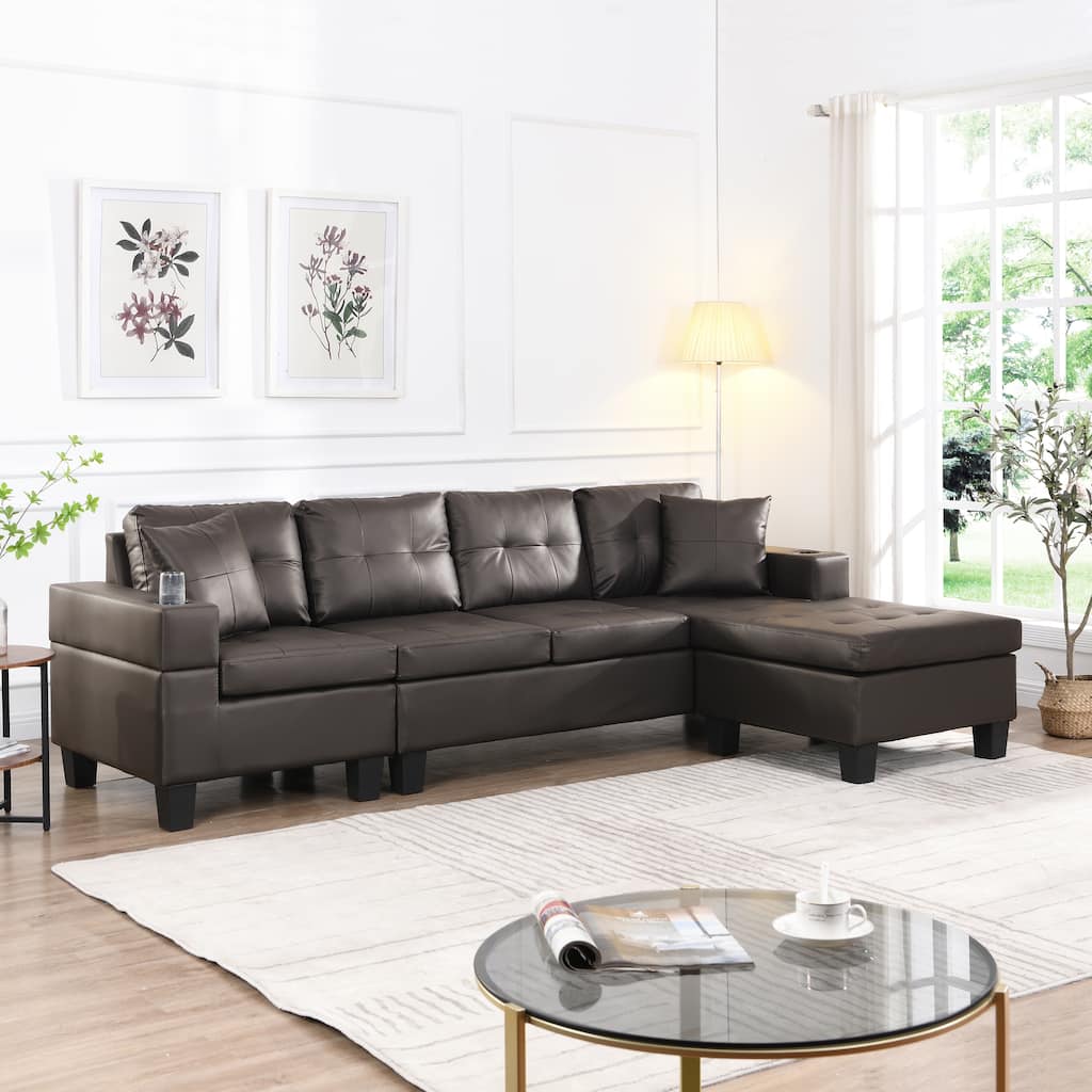 Brown 96.06'' Modern L-Shaped 4 Seater Sectional Sofa with Chaise Lounge, Cup Holders, and Throw Pillows
