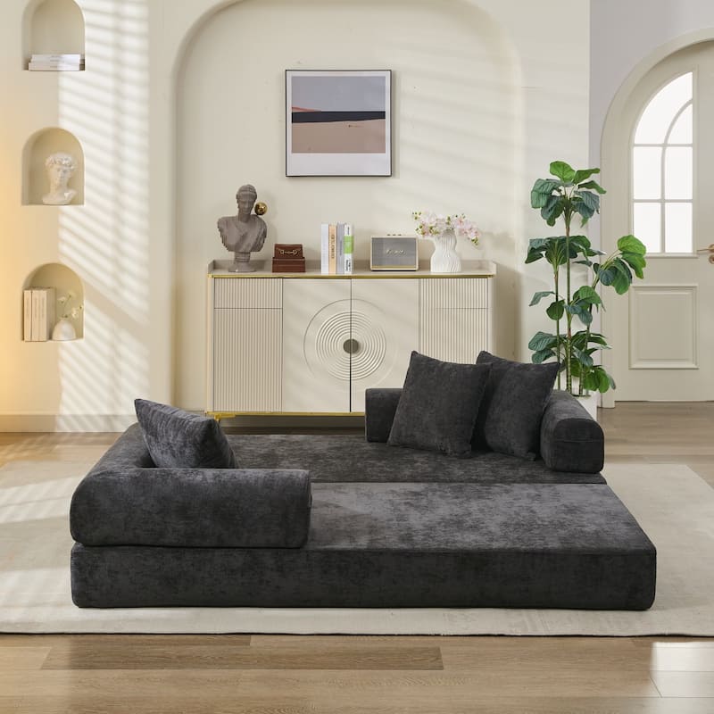 3-Tier Design Convertible Chenille Sofa Bed, Folding Sleeper Floor Sofa with Pillows, No-Assembly Modular Sofa Couch