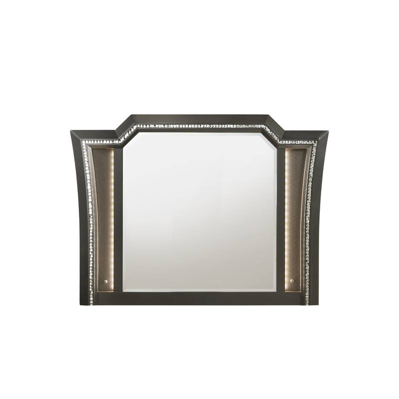 Contemporary Style Wooden Decorative Mirror with LED Lights, Gray