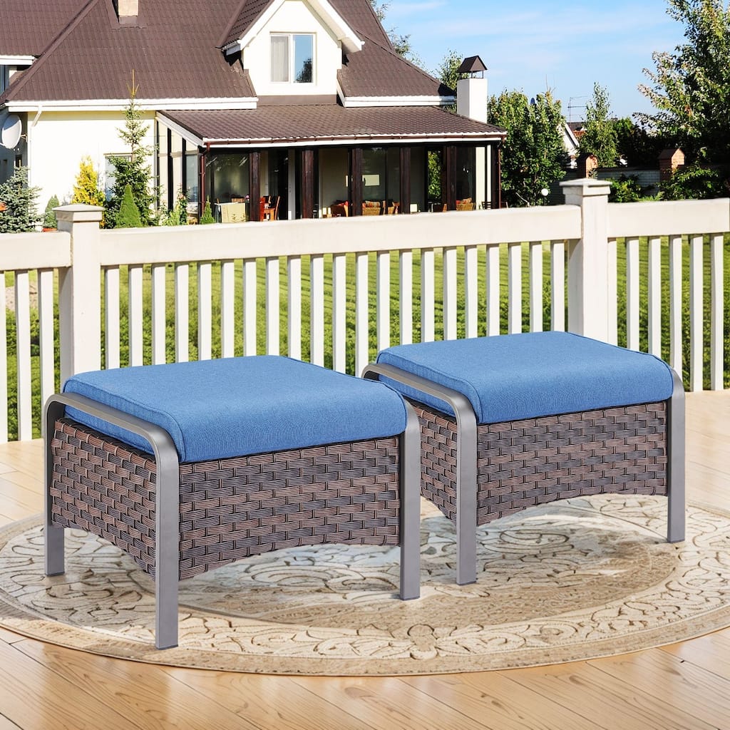 Gymojoy Industrial Style Outdoor Wicker Patio Ottomans Set of 2