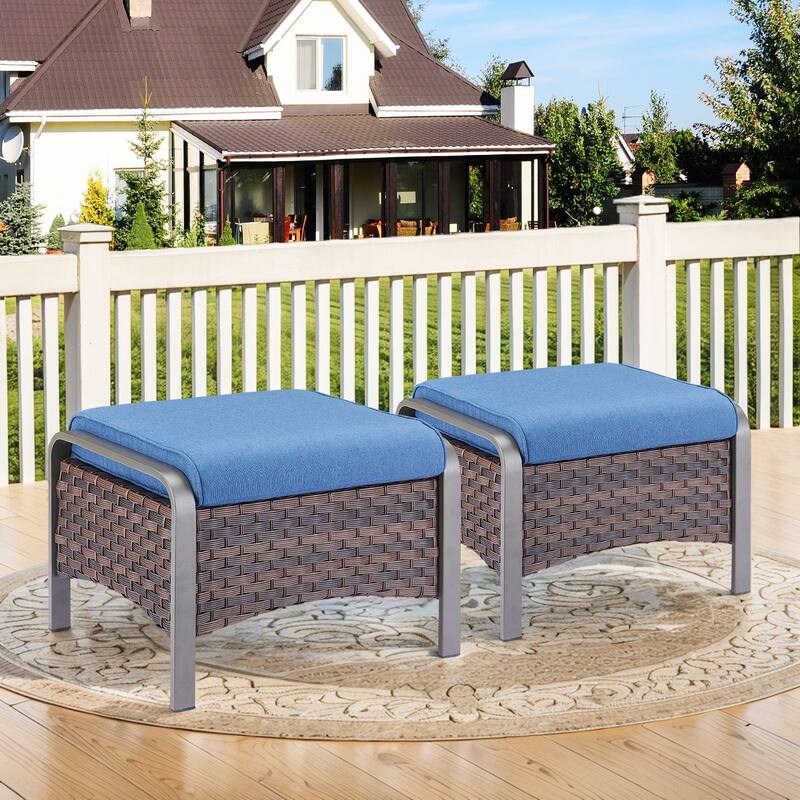 Gymojoy Industrial Style Outdoor Wicker Patio Ottomans Set of 2 - 2-Piece - Blue