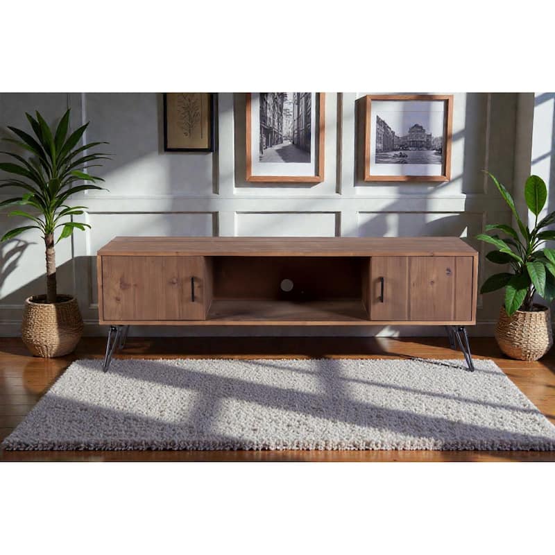 60" Industrial Reclaimed Wood TV Stand, Solid Wood Media Console with 2 Storage Cabinets for Living Room