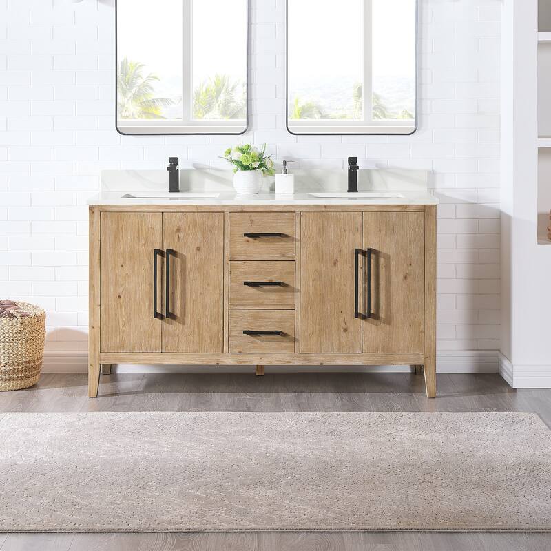 Altair Laurel Bath Vanity with Calacatta White Quartz Stone Countertop without Mirror - 60 inch - Weathered Fir