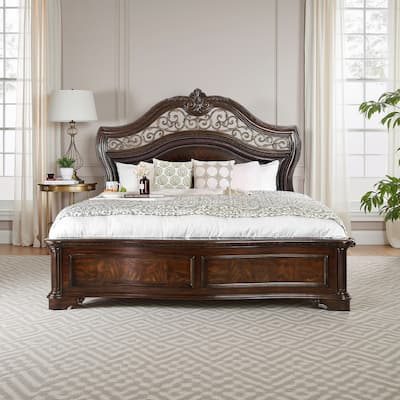 Eastern King Wooden Bed with Intricate Carved Headboard, Brown