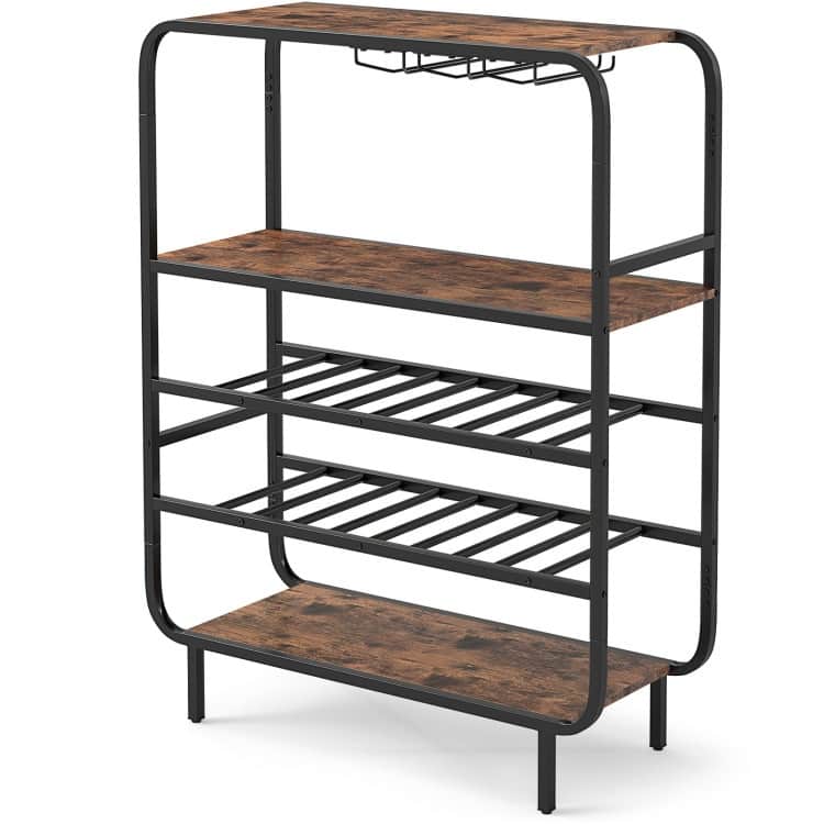 5-Tier Rustic Wine Rack with Glass Holder Holds 16 Bottles & 12 Stemware Glasses - 36" x 14" x 46"
