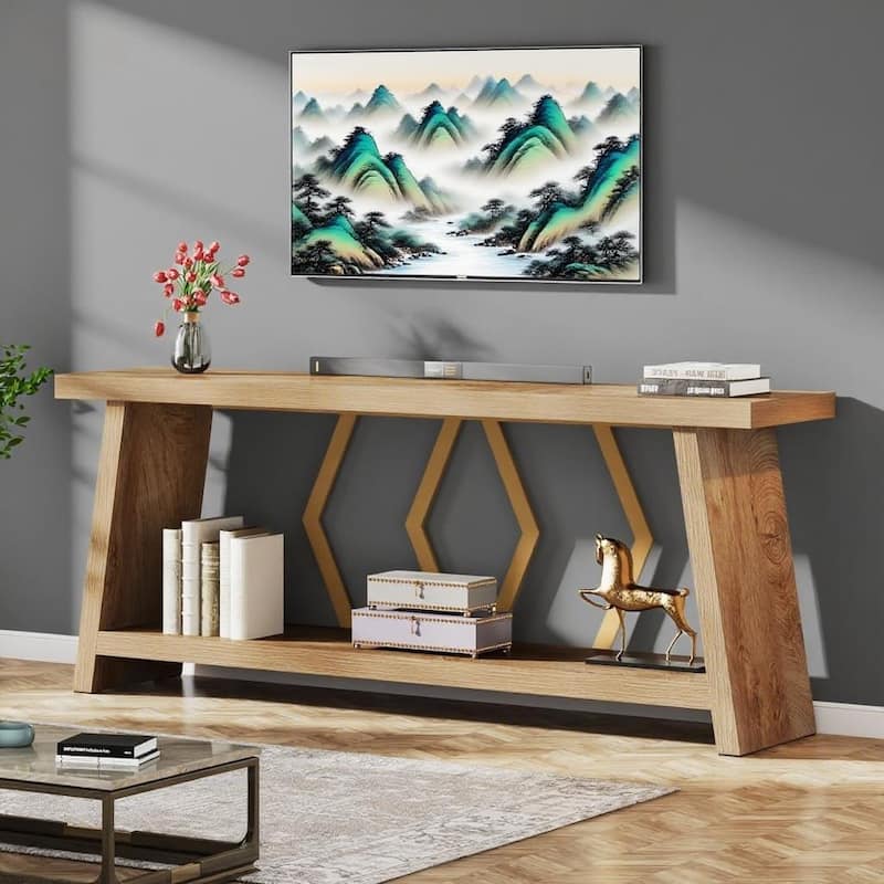 Double Decker Sofa Table with Wood Top and Metal Frame 2 Tier Console Entryway Hallway Display Table - 70.86" x 11.81" x 31.50"