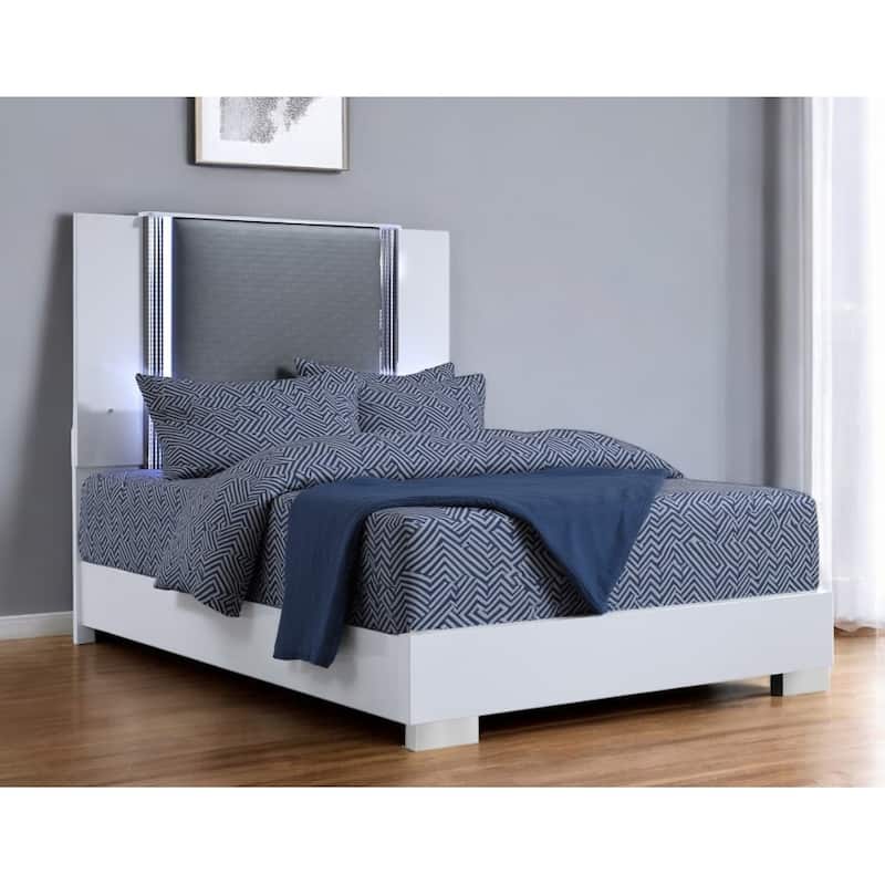 HomeRoots White and Gray Wood And Faux Leather Lighted King Bed Frame - King
