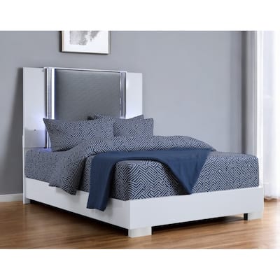 HomeRoots White and Gray Wood And Faux Leather Lighted King Bed Frame