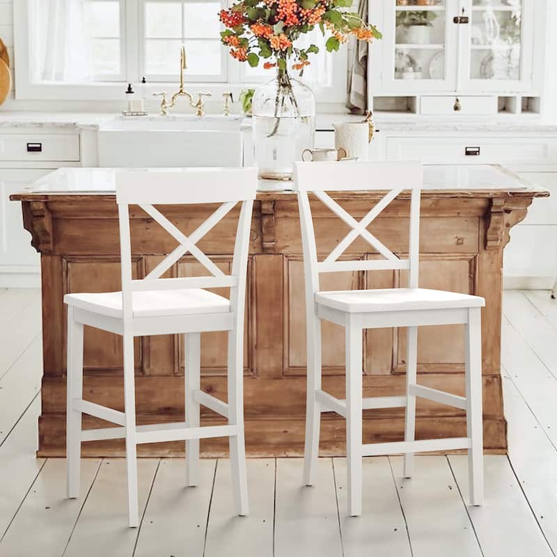 24 in. Solid Wood Cross Back Bar Stools X-Back Wooden Bar Chairs with Footrests - 19.7"D x 17.5"W x 28.4"H - Set of 2 - White