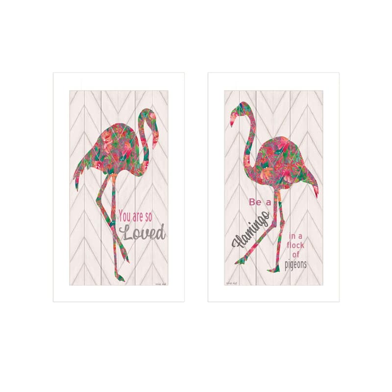 Trendy Decor 4U "Flamingo's - A matrix colors!" Printed Framed Wall Art by Cindy Jacobs - White - 12 x 21