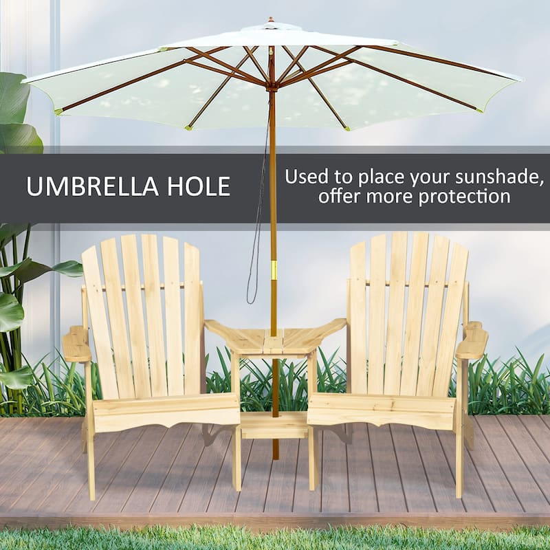 Patio Wooden Adirondack Chair for Two, Outdoor Fire Pit Chair Set with Table & Umbrella Hole