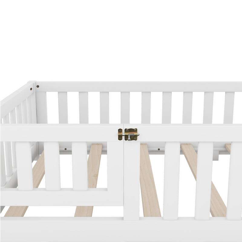 Twin Size Floor Bed with Door & Fence, Wooden Montessori Bed for Kids