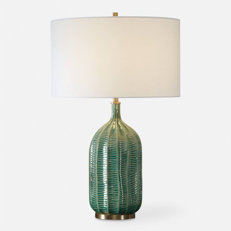 Ceramic Table Lamp with White Round Shade - 24.5" - Green