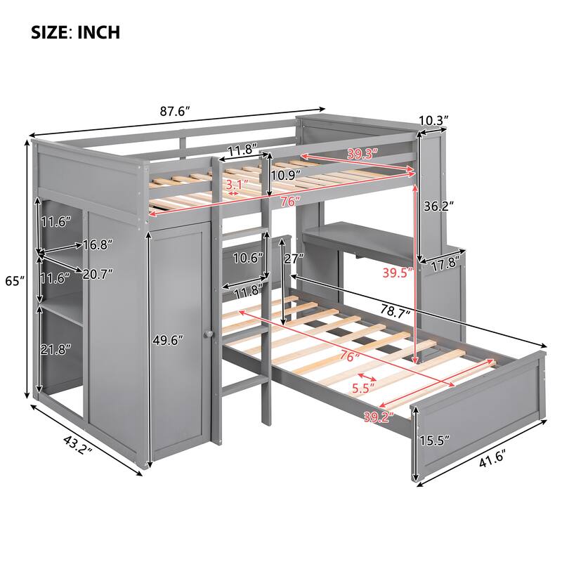 Twin Over Twin Size Bunk Bed Wooden Loft Bed with Wardrobe, Desk, Shelves, Safety Guardrail and Ladder