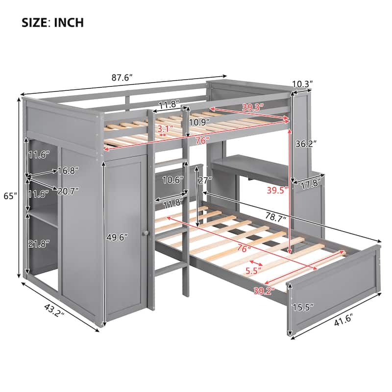 Twin size Loft Bed with a Stand-alone bed, Shelves,Desk,and Wardrobe-Gray