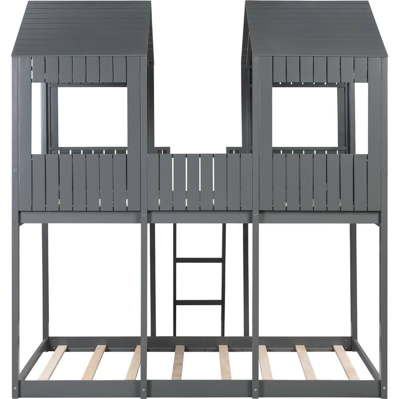 Full Over Full WoodBunk Bed with Roof, Window, Guardrail, Ladder