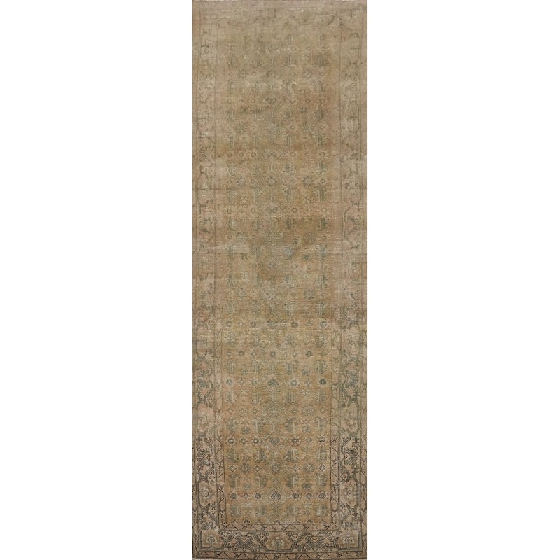 Hand Knotted Oriental 100% Wool Carpet Traditional Floral Brown Bibikabad Runner Rug - 12' 11'' X 3' 0''