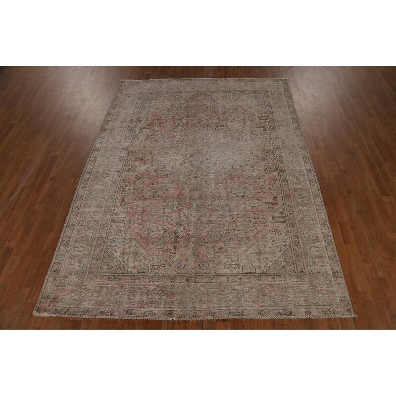 Pink Geometric Tabriz Persian Vintage Rug Hand-Knotted Wool Carpet - 6'8" x 9'2"