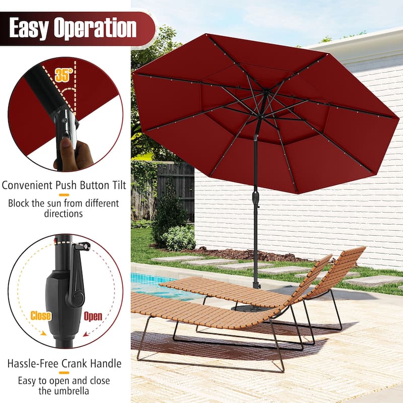 Gymax 10 FT Solar Patio Umbrella w/ 32 LED Lights 3-Tier Vented Top