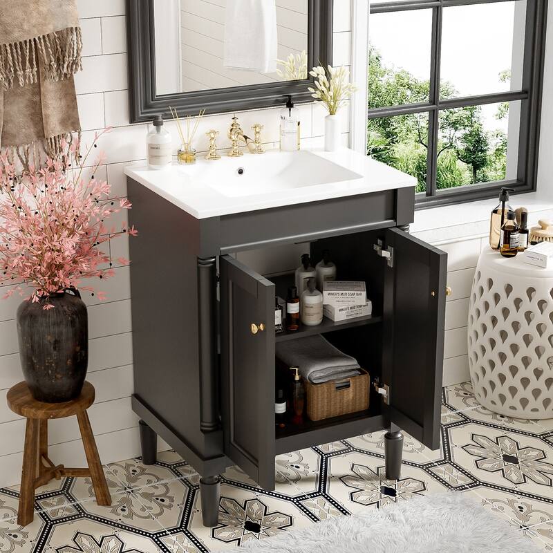 24 Inch Bathroom Vanity with Ceramic Top Sink, Freestanding Single Sink Vanity with Storage Shelves, Modern Style