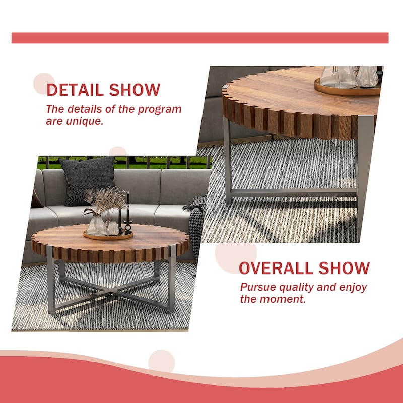 31.4"Circular Coffee Table, Modern Natural Wood Grain Handmade Drum Shaped Coffee Table, Wooden Felief Coffee Table