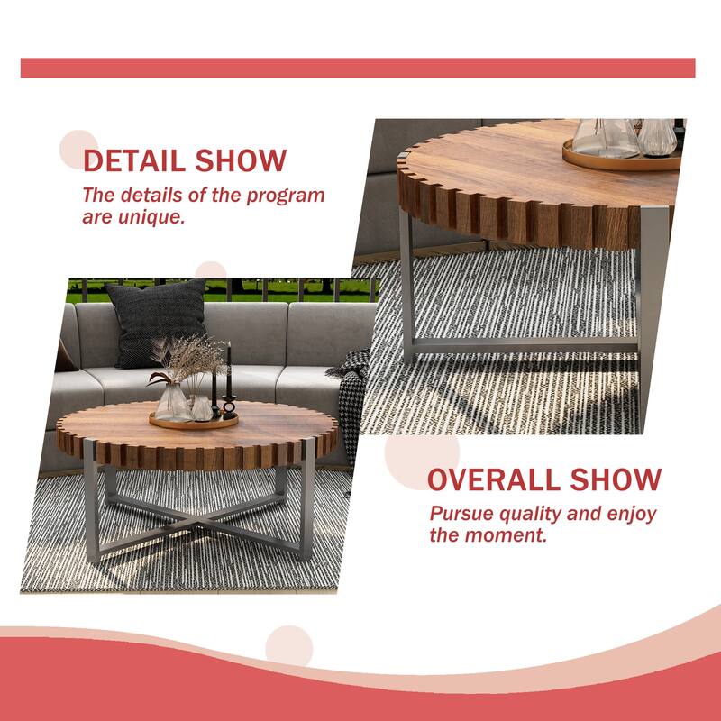Round Coffee Table, Wooden Coffee Table with handmade drum shaped, Circle Center Table Accent Tea Table