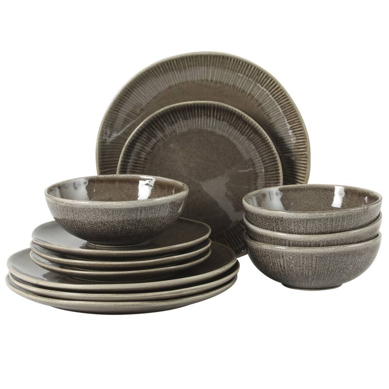 Gibson Elite Sandy Pines Stoneware Plates and Bowls Set - 12 Piece Reactive Glaze Dinnerware Set - Service for 4 - Brown