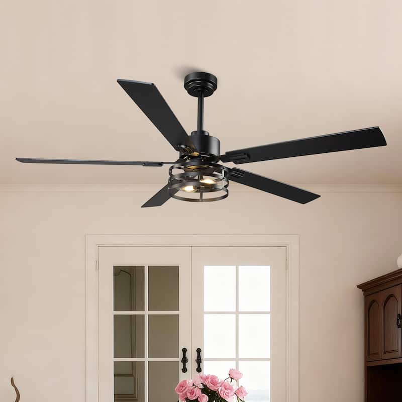 Vaczon 52" Industrial Reversible Wood 5-Blade Black Ceiling Fan with Light and APP Control - 60"
