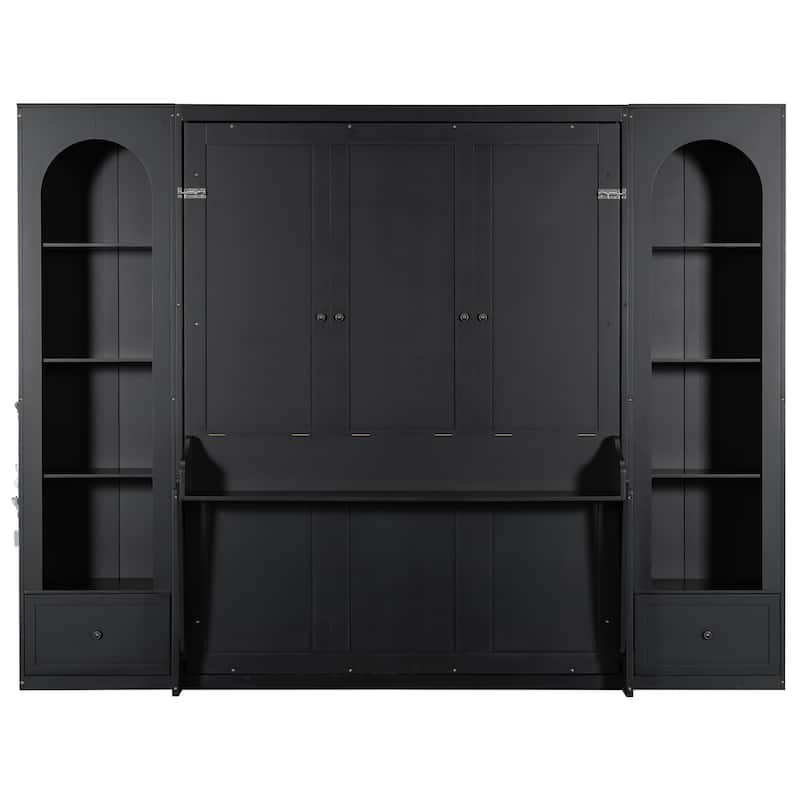 Murphy Bed Queen Size Bookcase Bed Platform Bed with Side Cabinets and 2 Drawers, Elegant French Folding Bed LED Wall Bed