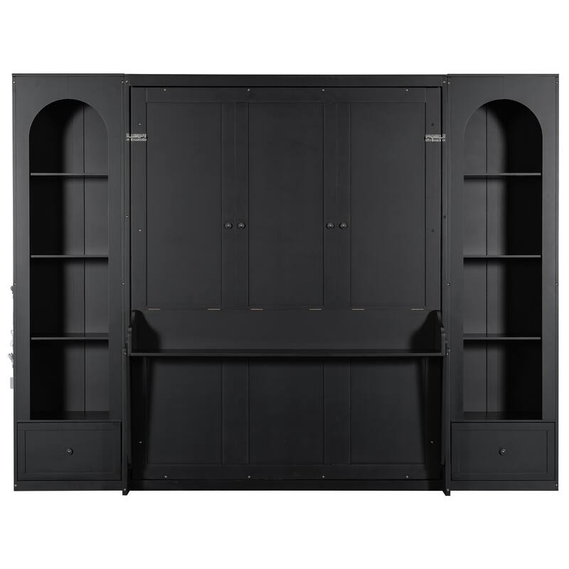 Queen Size Murphy Platform Bed, Hidden Murphy Wall Bed Cabinet with LED Storage Shelves and Drawers, Wood Folding Hideaway Beds