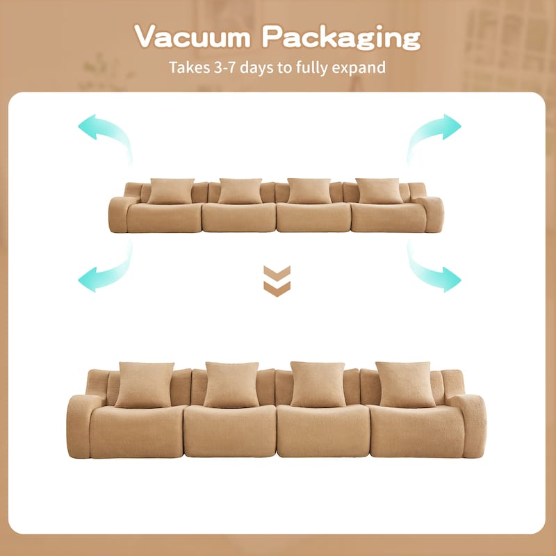 118" Teddy Fabric Boneless Couch, Upholstered 4-Seat Sofa with Curved Armrests, Modular Deep Seat Sofa, No Assembly Required