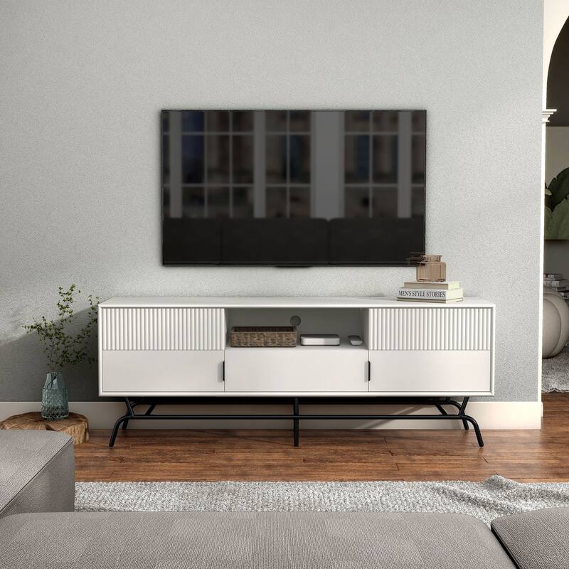 DH BASIC Modern 60-inch 3-Drawer Media Cabinet TV Stand with Cable Hole by Denhour - White/Black