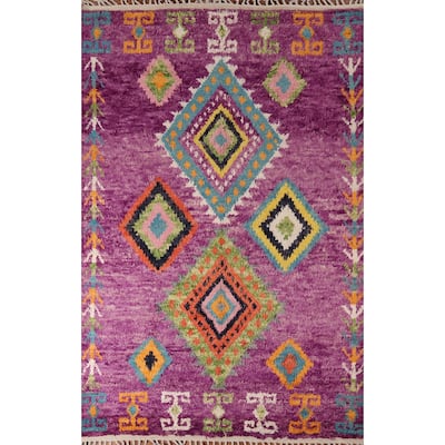 Purple Geometric Plush Moroccan Area Rug Hand-Knotted Wool Carpet - 6'0" x 9'7"