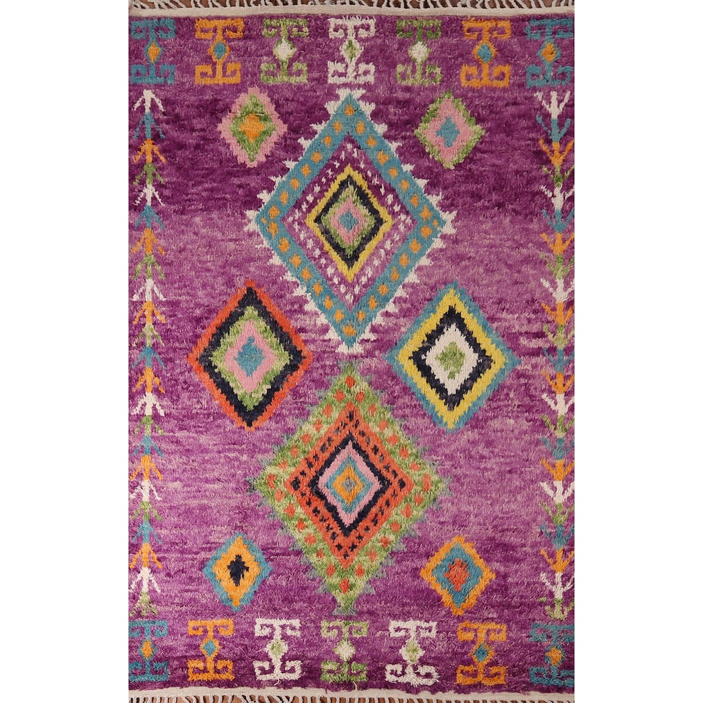 Purple Geometric Plush Moroccan Area Rug Hand-Knotted Wool Carpet - 6'0" x 9'7"
