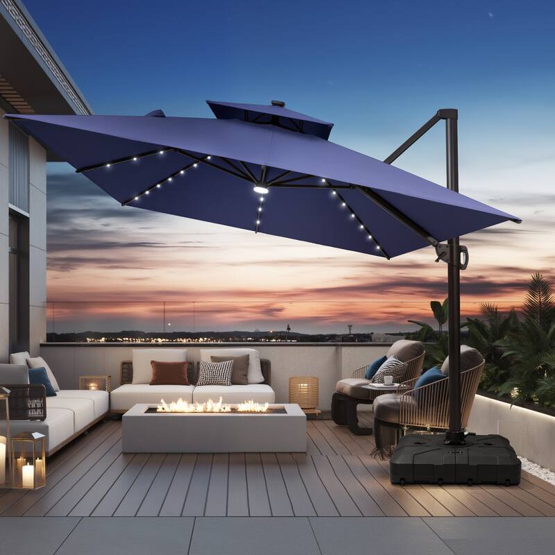 10X13 FT Outdoor Cantilever Patio Umbrella Solar LED Light with Wheel Base