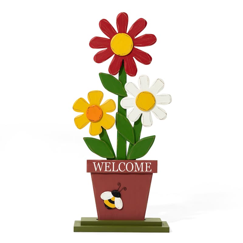 Glitzhome 30"H Wooden Trio Flowers "Welcome" Sign Porch Decor