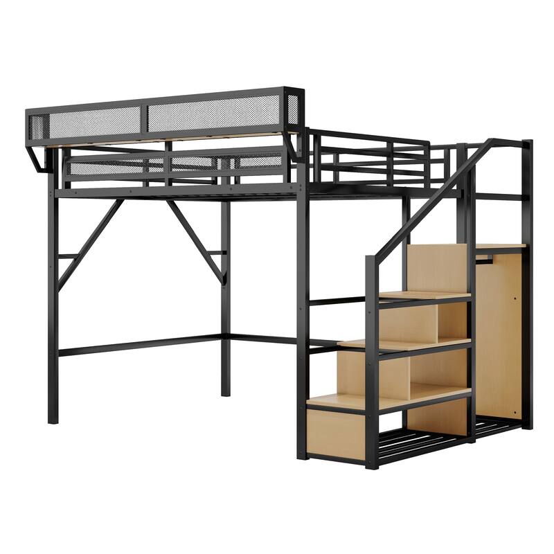 Metal Loft Bed with Storage Stairs Upper Storage Shelves and Wardrobe, Metal Structure Bed Optional Desk Charging Station