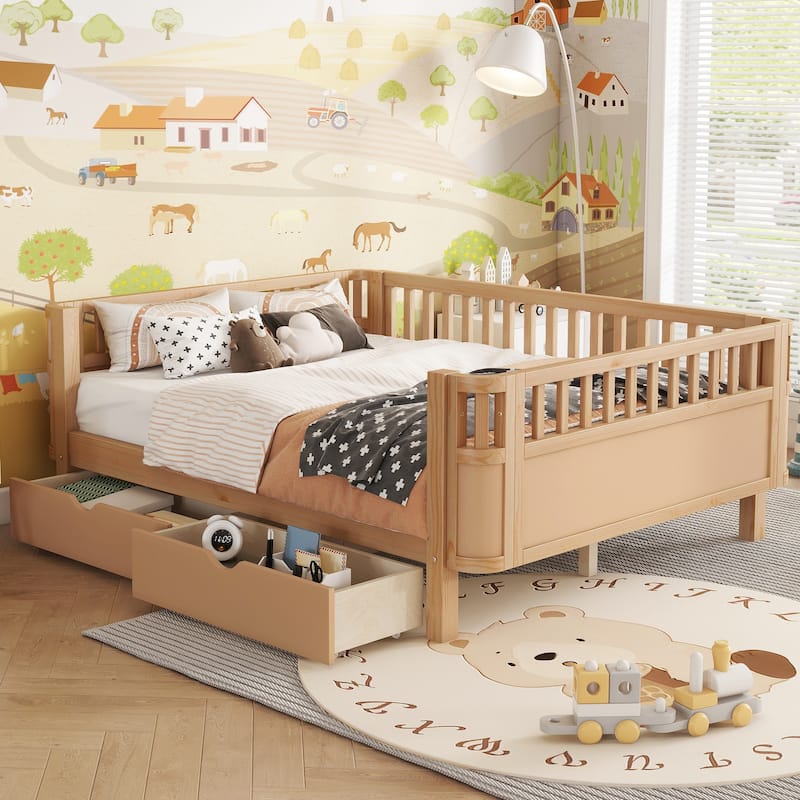 GDF Studio - Willow Kids Full Size Wood Platform Bed with Rails, Low Profile Design, and Storage Drawers - Natural