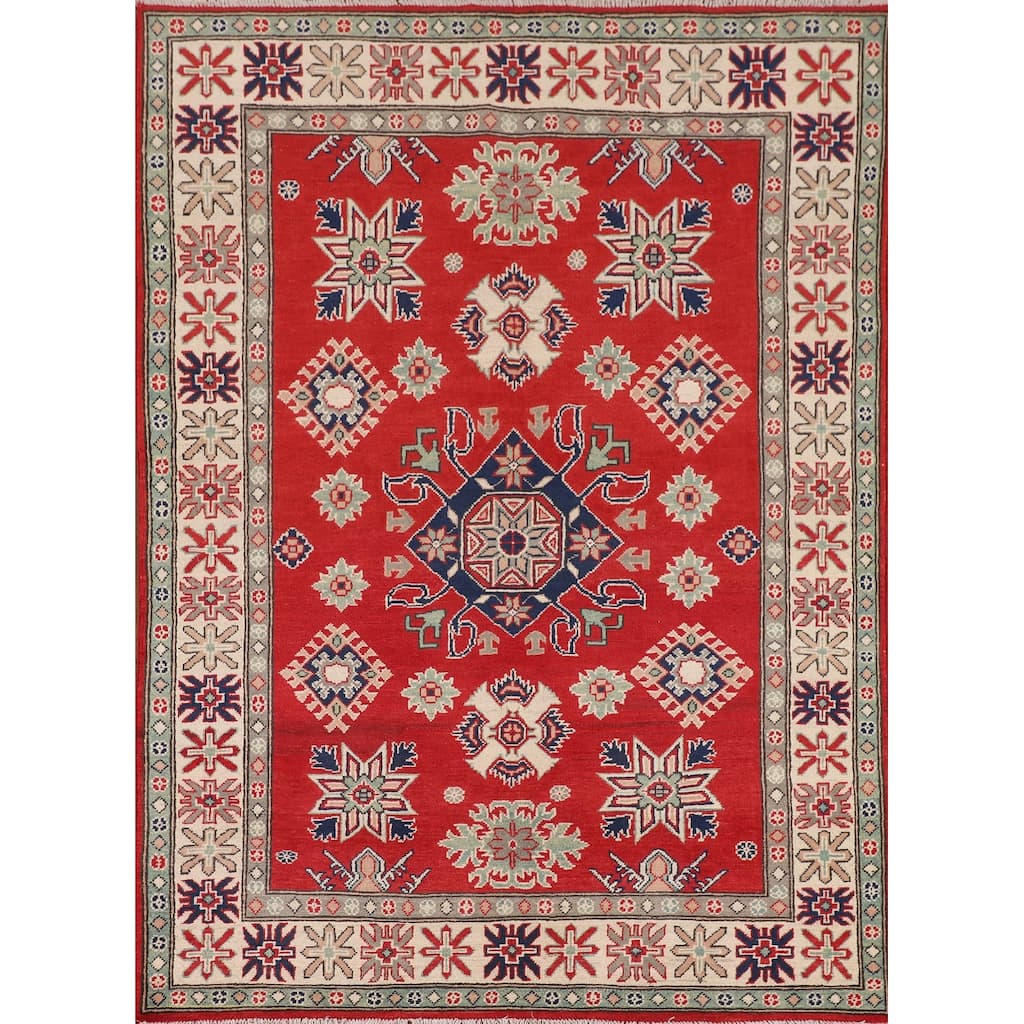 Red Geometric Kazak Area Rug Handmade Oriental Bedroom Wool Carpet - 4'10" x 6'5"