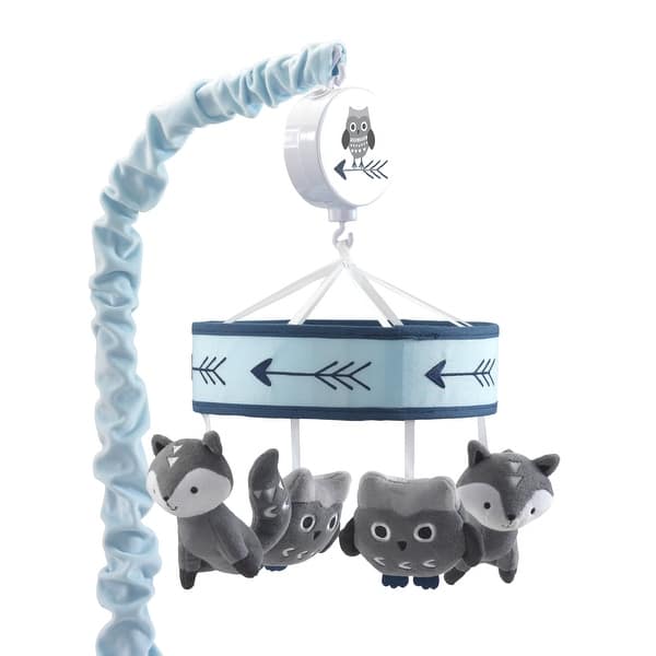 slide 2 of 4, Lambs & Ivy Stay Wild Blue/Gray Fox & Owl Musical Baby Crib Mobile
