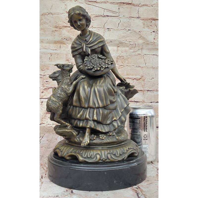 Charming Bronze Sculpture Of Young Girl With Basket Of Flowers And Playful Lamb – Classic Art Figurine On Marble Base