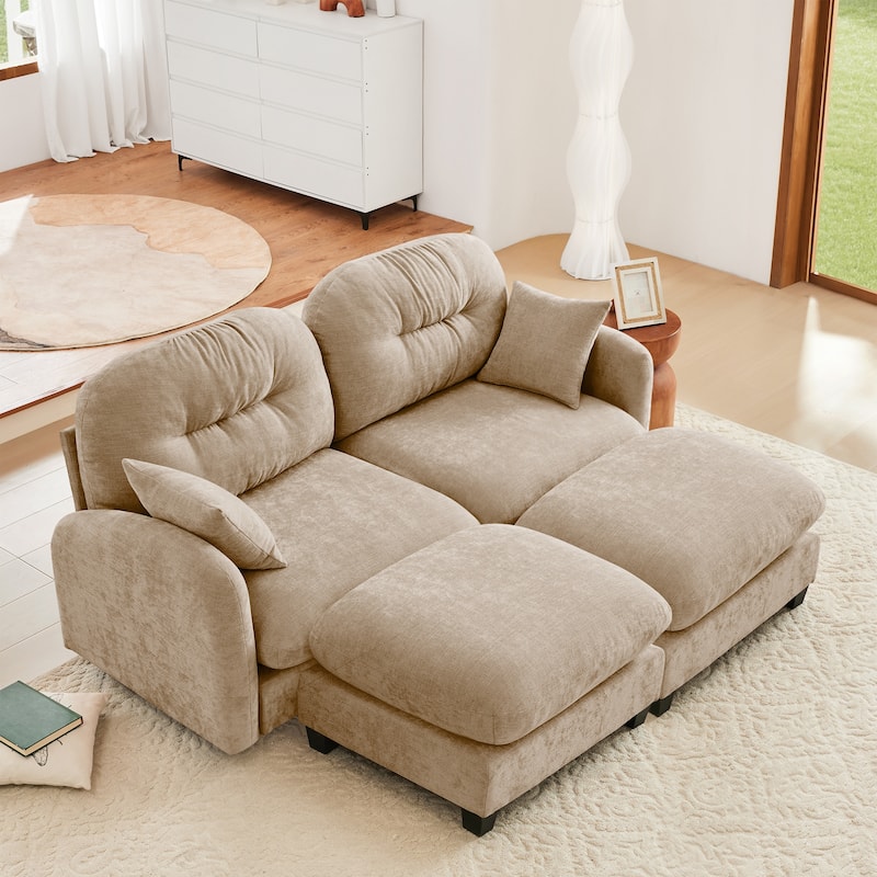 2 Seat Chenille Sofa Round Arms Sectional Sofa, Modern 74" Tufted Back Couch with Ottoman for Lving Room, Small Space - Camel-2 Ottoman
