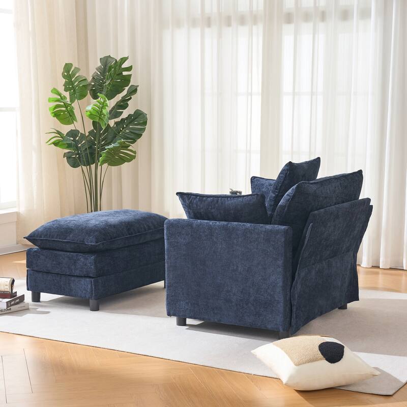 39.4" Modern Accent Chair with Ottoman, Living Room Club Chair Chenille Upholstered Armchair, Reading Chair for Bedroom